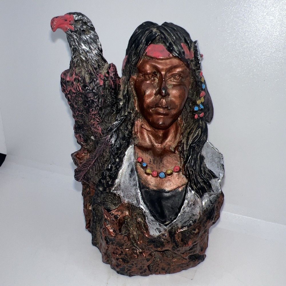 Vintage Native American Woman With Eagle On Shoulder Resin Figurine‎ 5" Statue